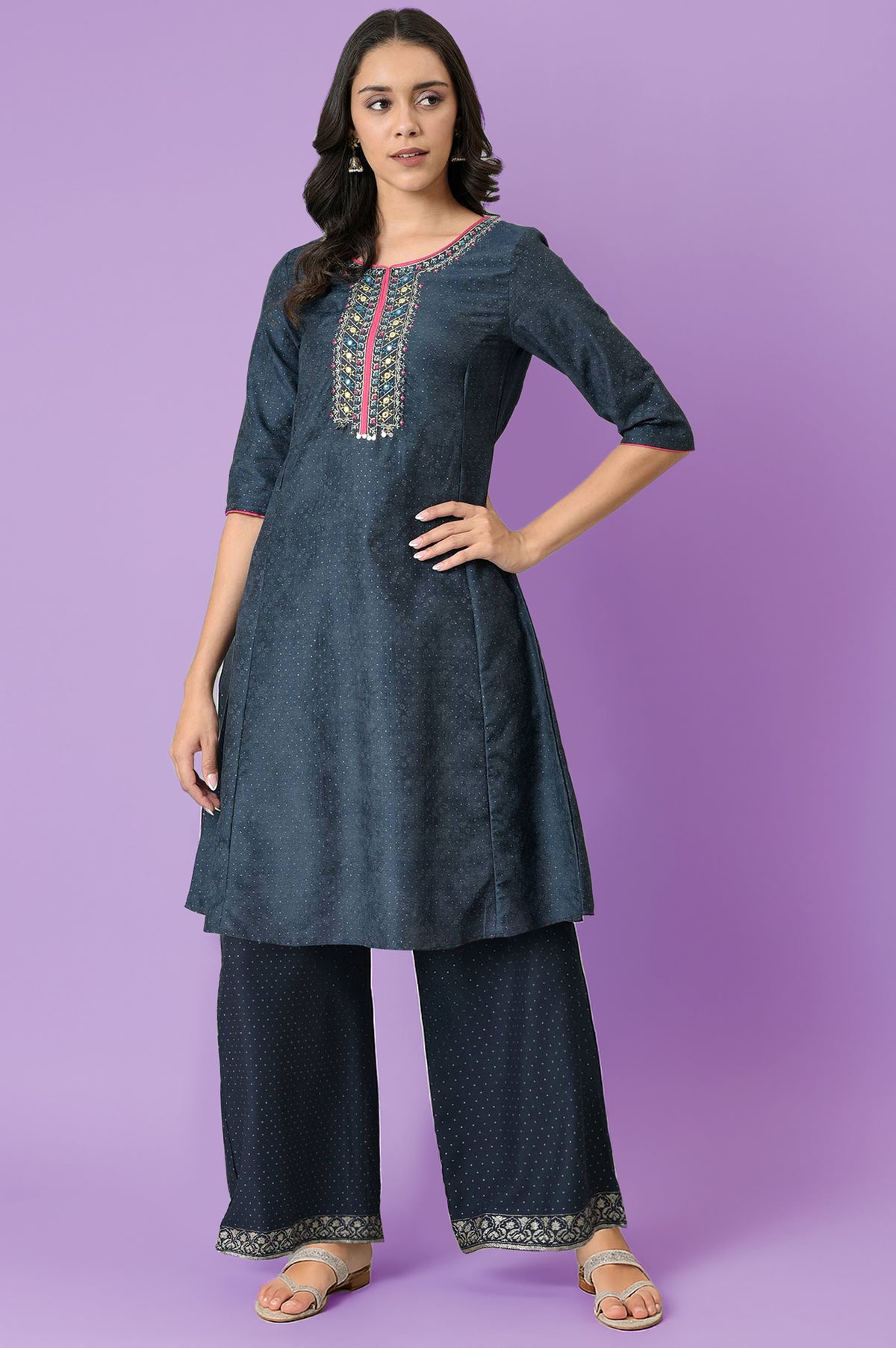 Dark Blue Polka Dots Printed Shantung A-Line Kurta with Parallel Pant Set - XS