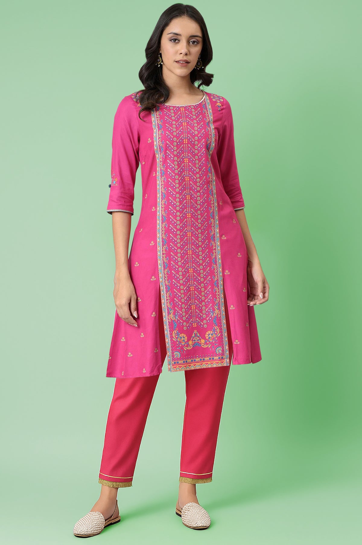 Pink Floral Printed Rayon Straight Kurta with Slim Pant Set - XS