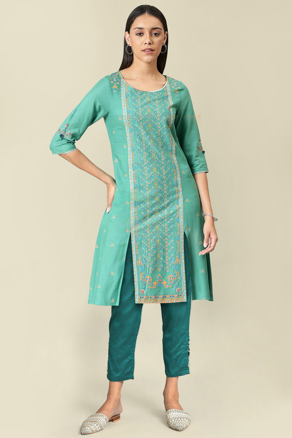 Green Metallic Embroidery Straight Kurta and Slim Pant Set