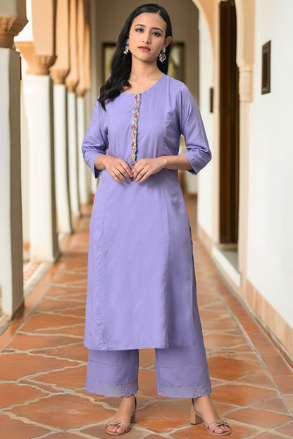 Purple Thread Embroidery A-line Kurta and Parallel Pant Set