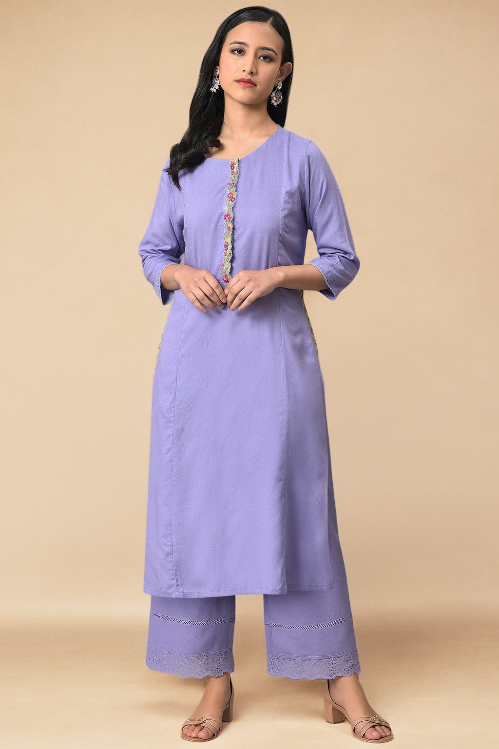 Purple Thread Embroidery A-line Kurta and Parallel Pant Set