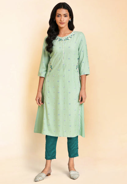 Green Thread Embroidery Straight Kurta and Slim Pant Set