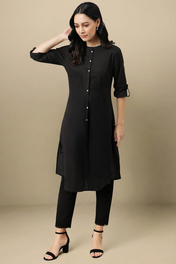 Black Cotton Blend Straight Kurta and Slim Pant Set