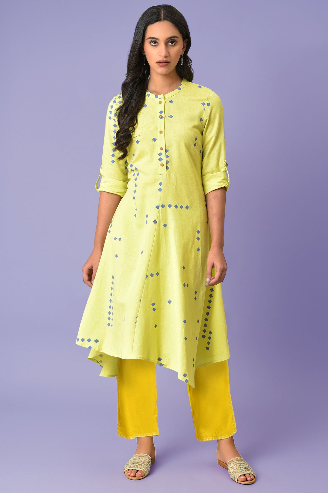 Light Green Geometric Printed Rayon Flax Flared Kurta with Straight pant Set