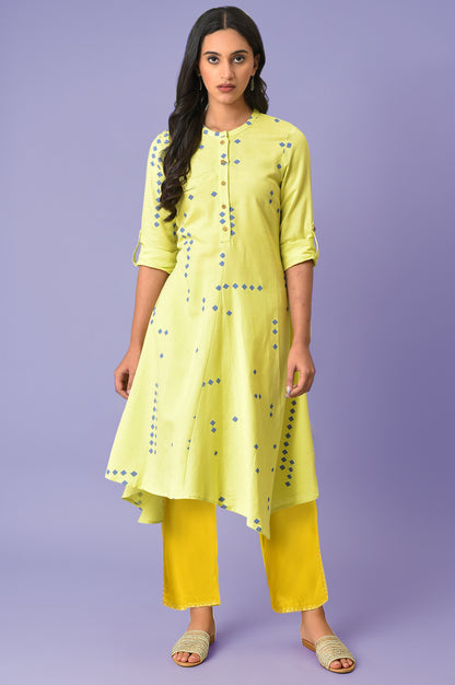 Light Green Geometric Printed Rayon Flax Flared Kurta with Straight pant Set