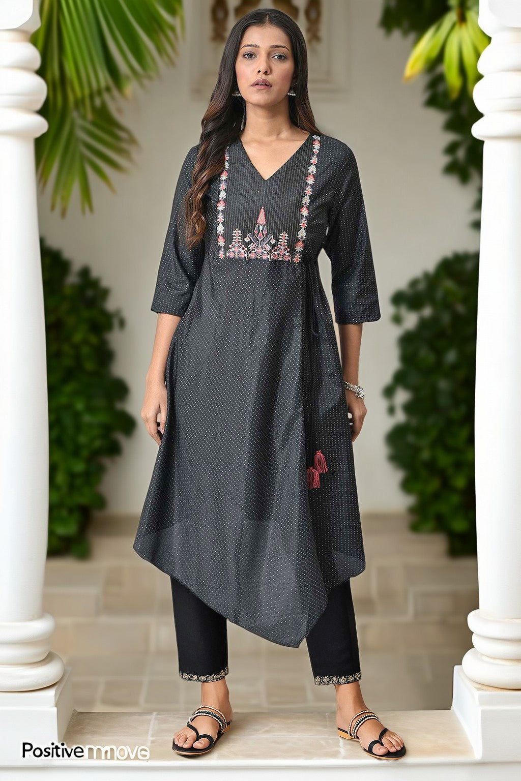 Black Thread Embroidery A-line Kurta and Slim Pant Set