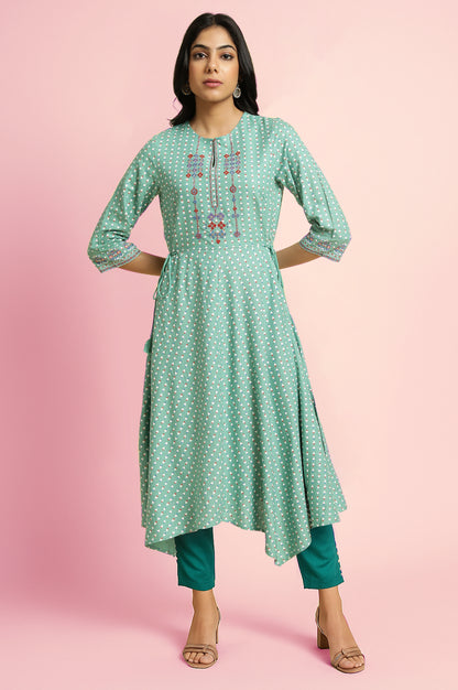 Light Green Geometric Printed Flared Kurta with Slim Pant Set