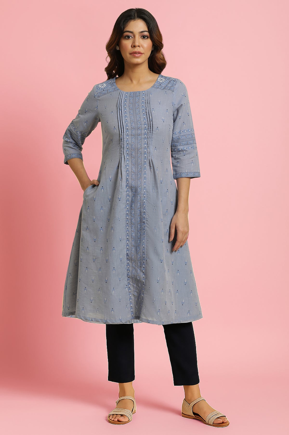 Frost Blue Floral Printed Pure Cotton A-line Kurta with Slim Pant Set - S