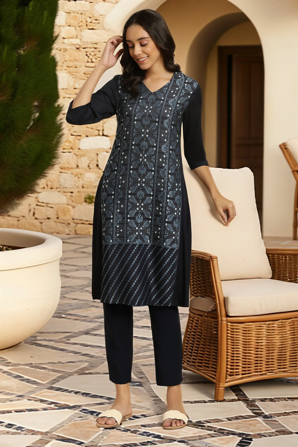 Blue Rayon Flared Kurta and Slim Pant Set