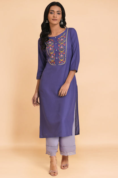 Purple Thread Embroidery Straight Kurta and Parallel Pant Set