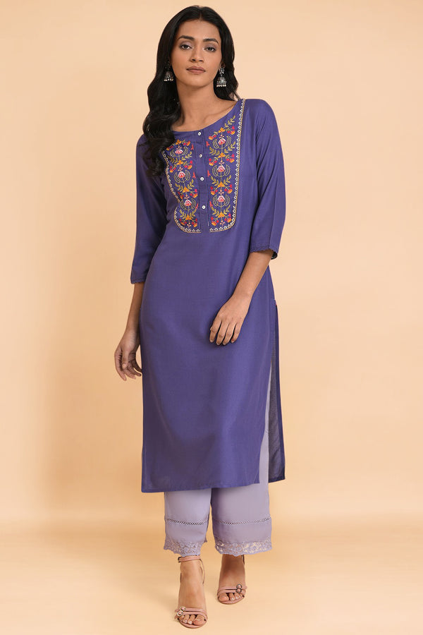Purple Thread Embroidery Straight Kurta and Parallel Pant Set
