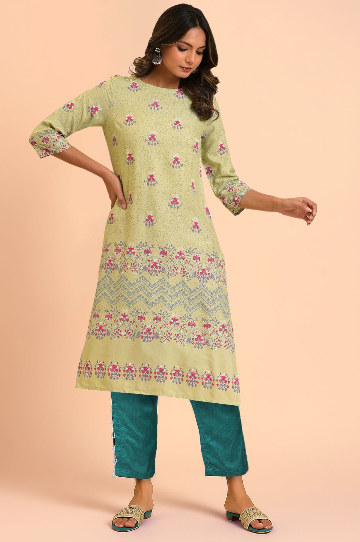 Green Floral Printed Straight Kurta with Slim Pant Set - XS