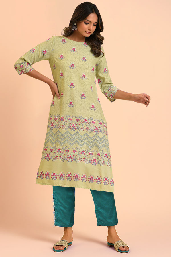 Green Floral Printed Straight Kurta with Slim Pant Set