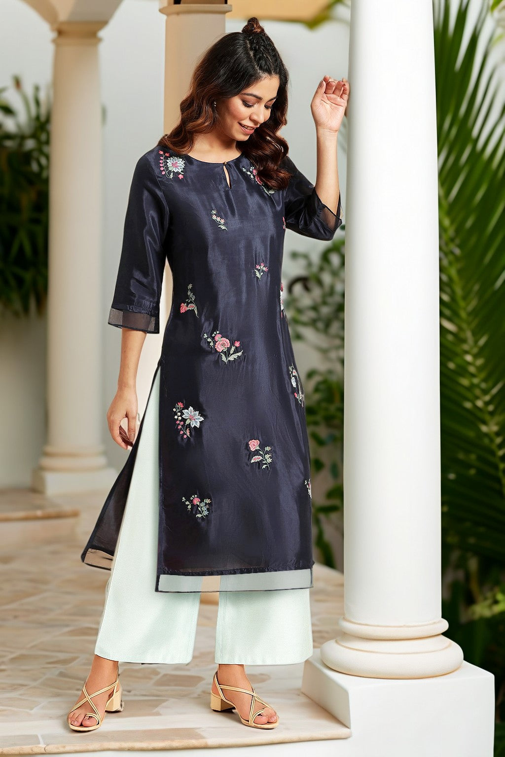 Navy Blue Thread Work Straight Kurta and Parallel Pant Set