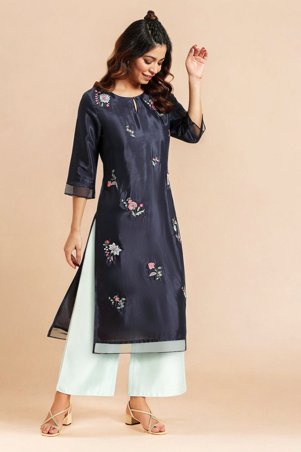 Navy Blue Thread Work Straight Kurta and Parallel Pant Set