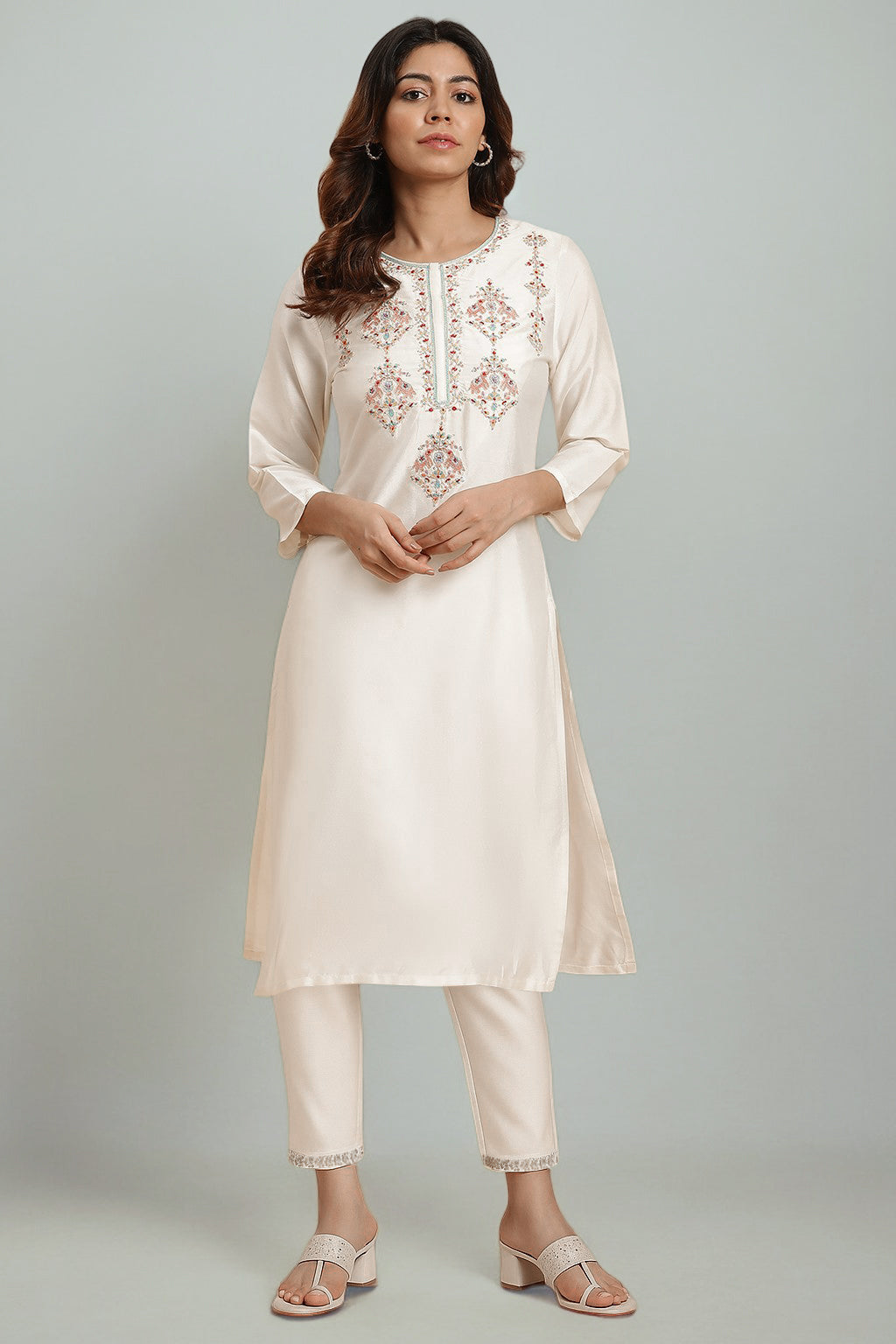 White Dori Embroidery Viscose Blend Straight Kurta and Slim Pant Set - XS