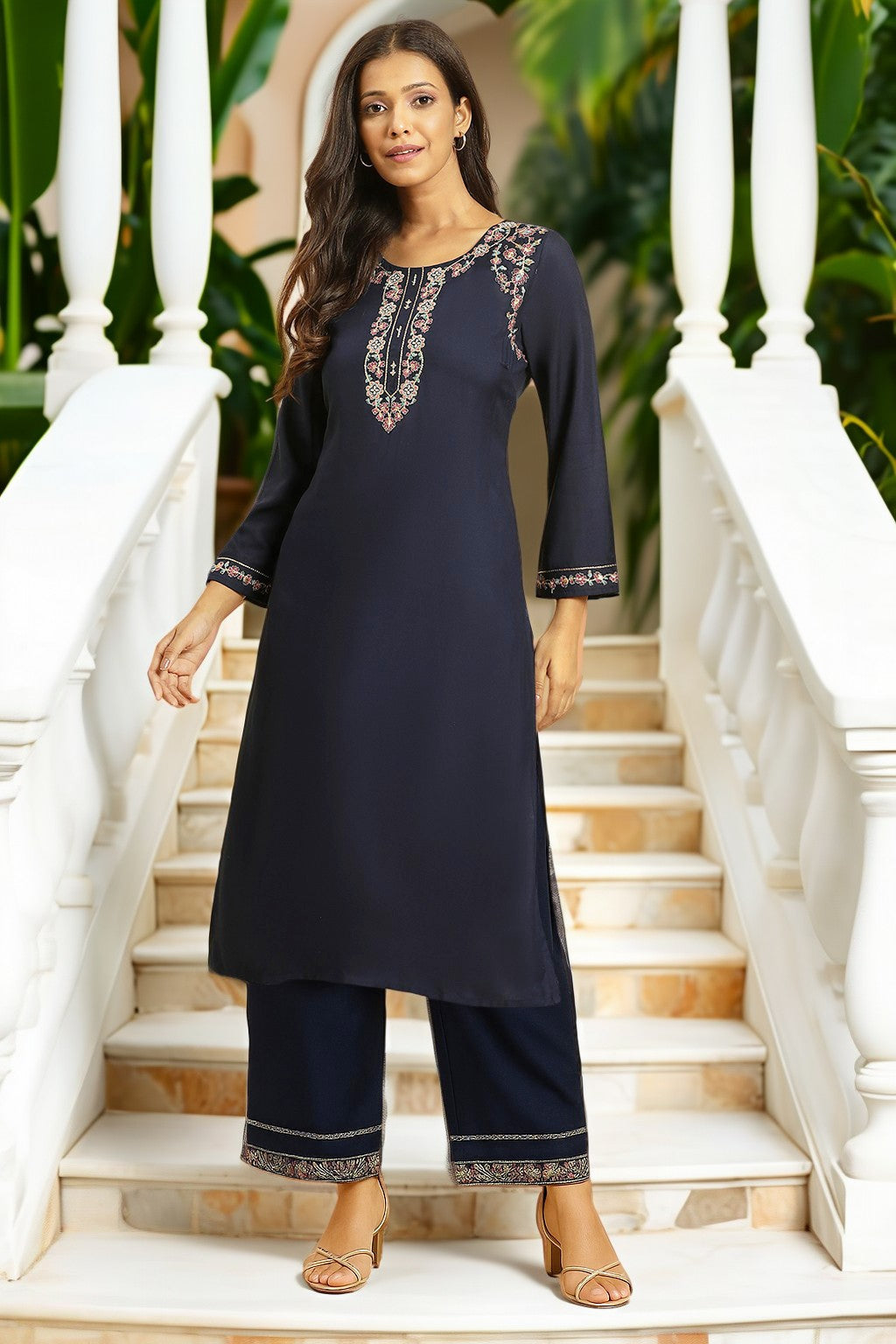 Blue Zari Straight Kurta and Parallel Pant Set