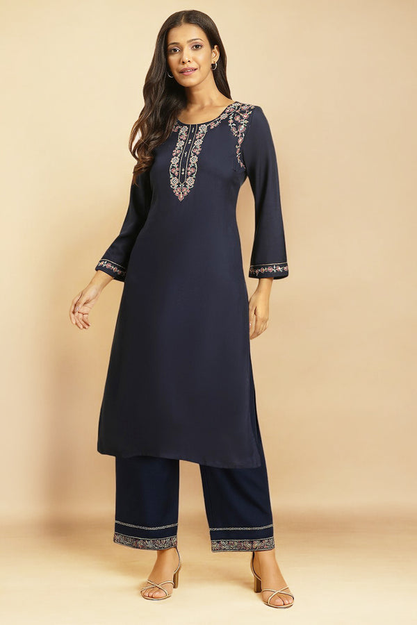 Blue Zari Straight Kurta and Parallel Pant Set