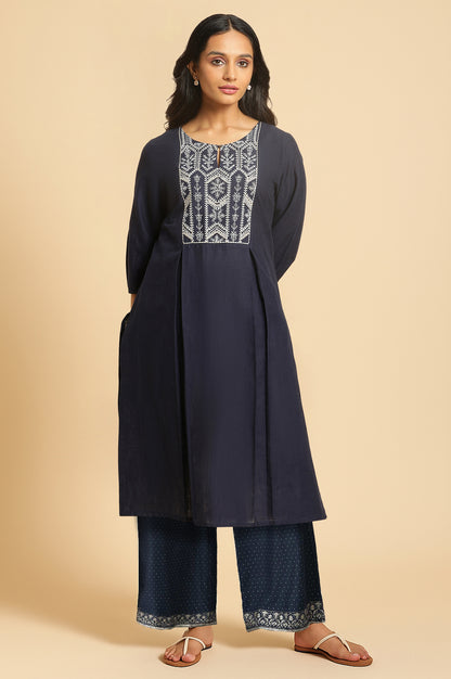 Blue Solid Printed Pure Cotton Straight Kurta with Parallel Pant Set
