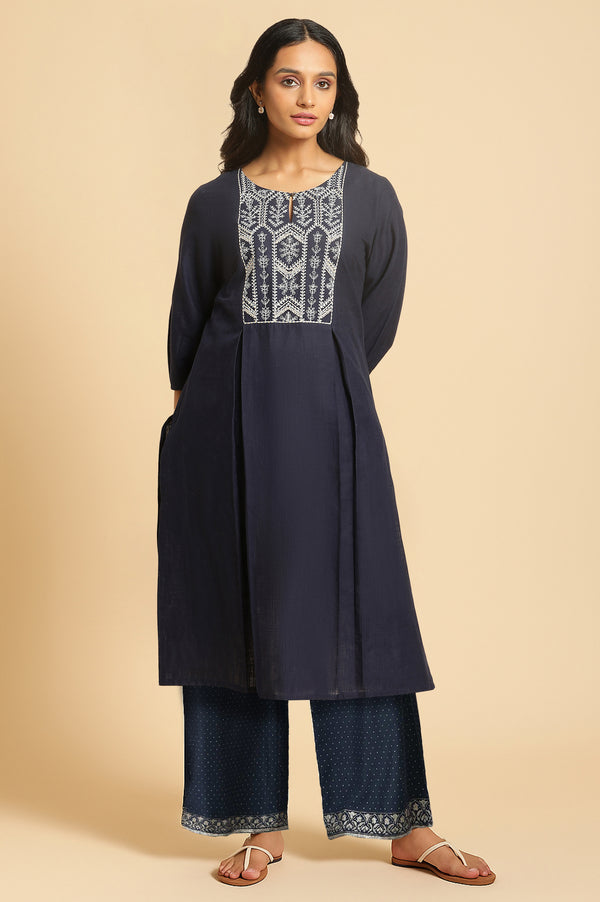 Blue Solid Printed Pure Cotton Straight Kurta with Parallel Pant Set