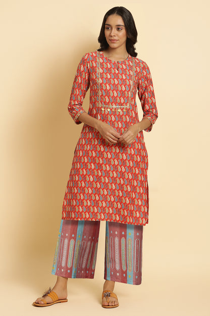 Orange Geometric Printed Shantung Straight Kurta with Parallel Pant Set