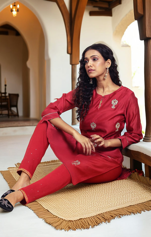 Red Dori Embroidery Viscose Blend Straight Kurta and Slim Pant Set