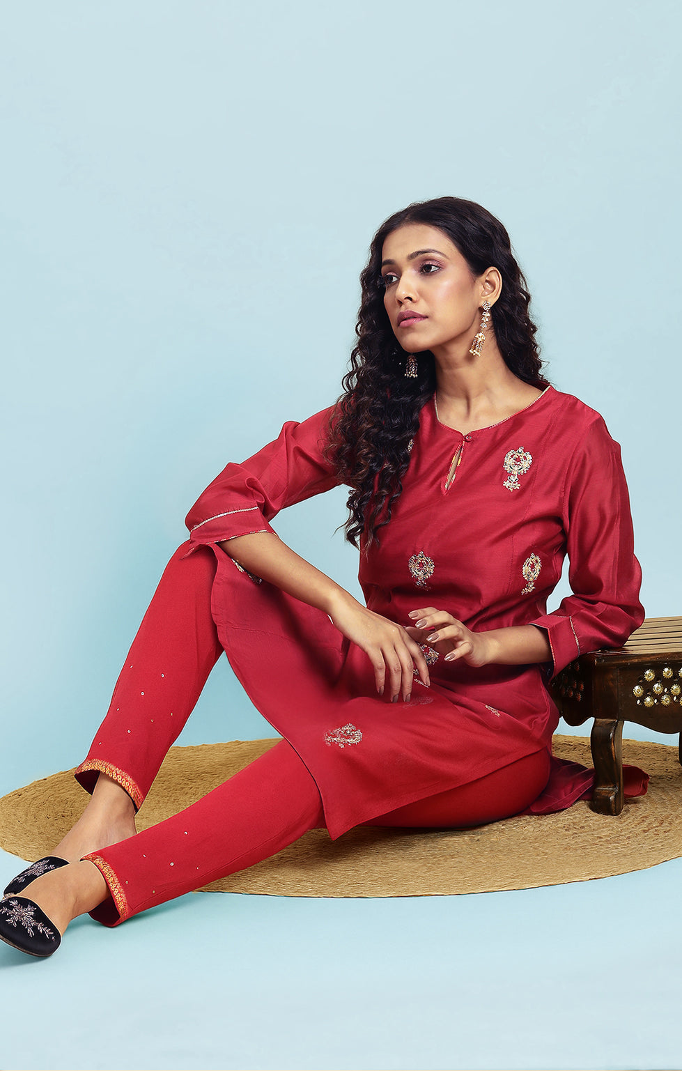 Red Dori Embroidery Viscose Blend Straight Kurta and Slim Pant Set