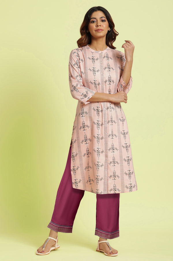 Pink Geometric Printed Straight Kurta with Slim Pant Set
