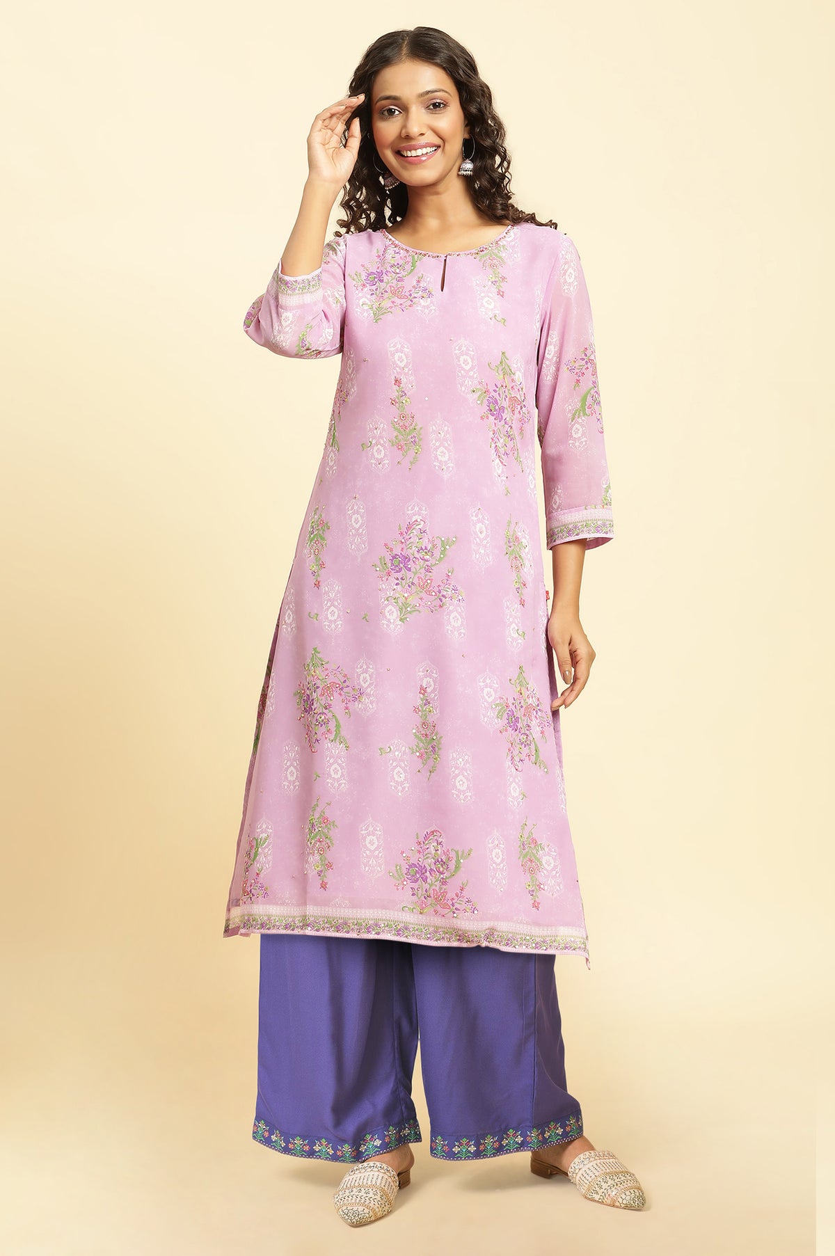 Purple Floral Printed Sequins Georgette Straight Kurta and Parallel Pant Set - XS
