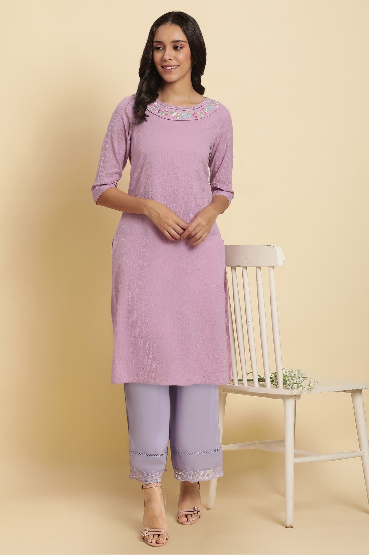 Purple Thread Embroidered Textured Cotton Straight Kurta and Parallel Pant Set - XS