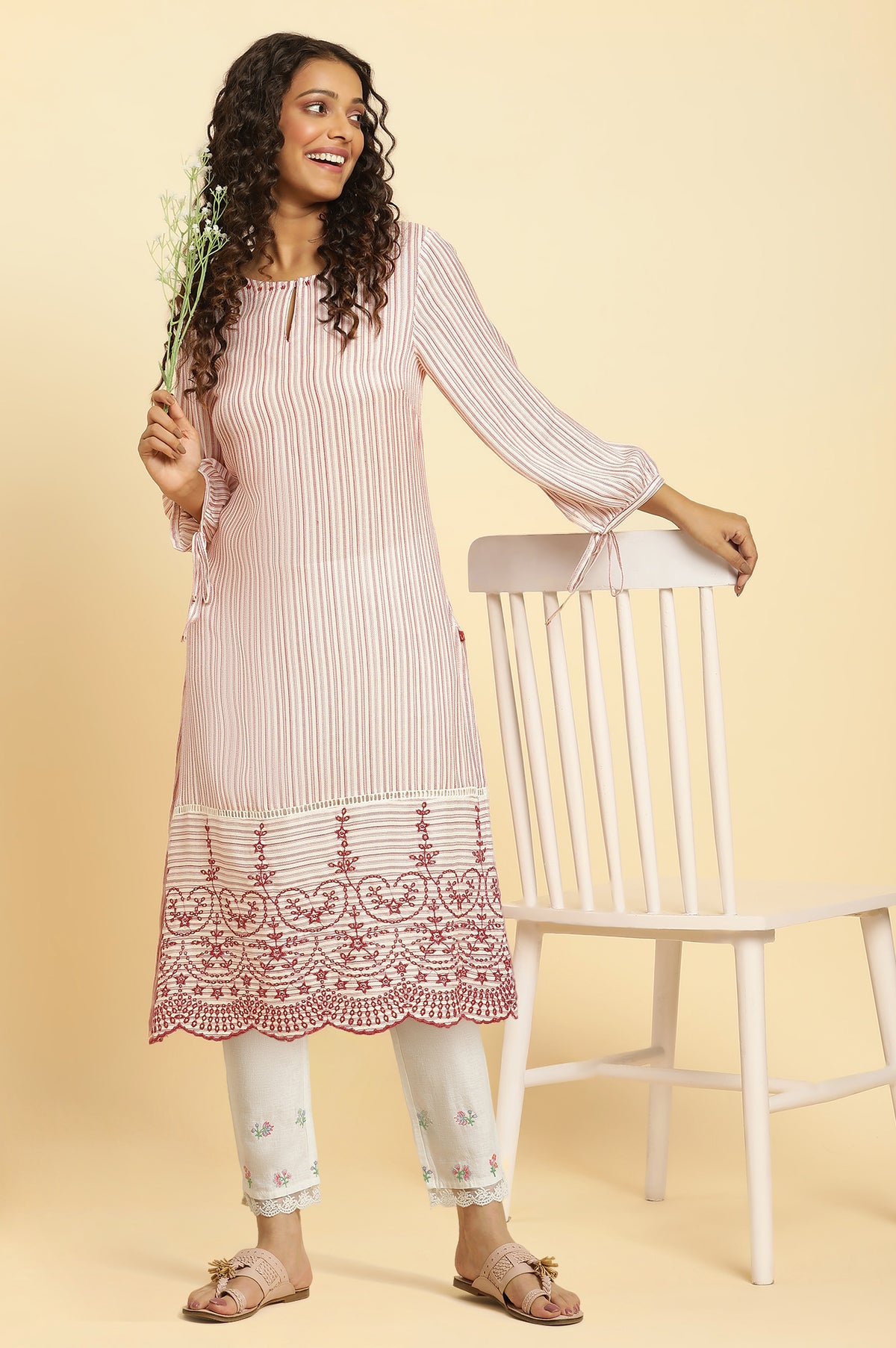 White Striped Schiffli Rayon Dobby Straight Kurta and Slim Pant Set - XS