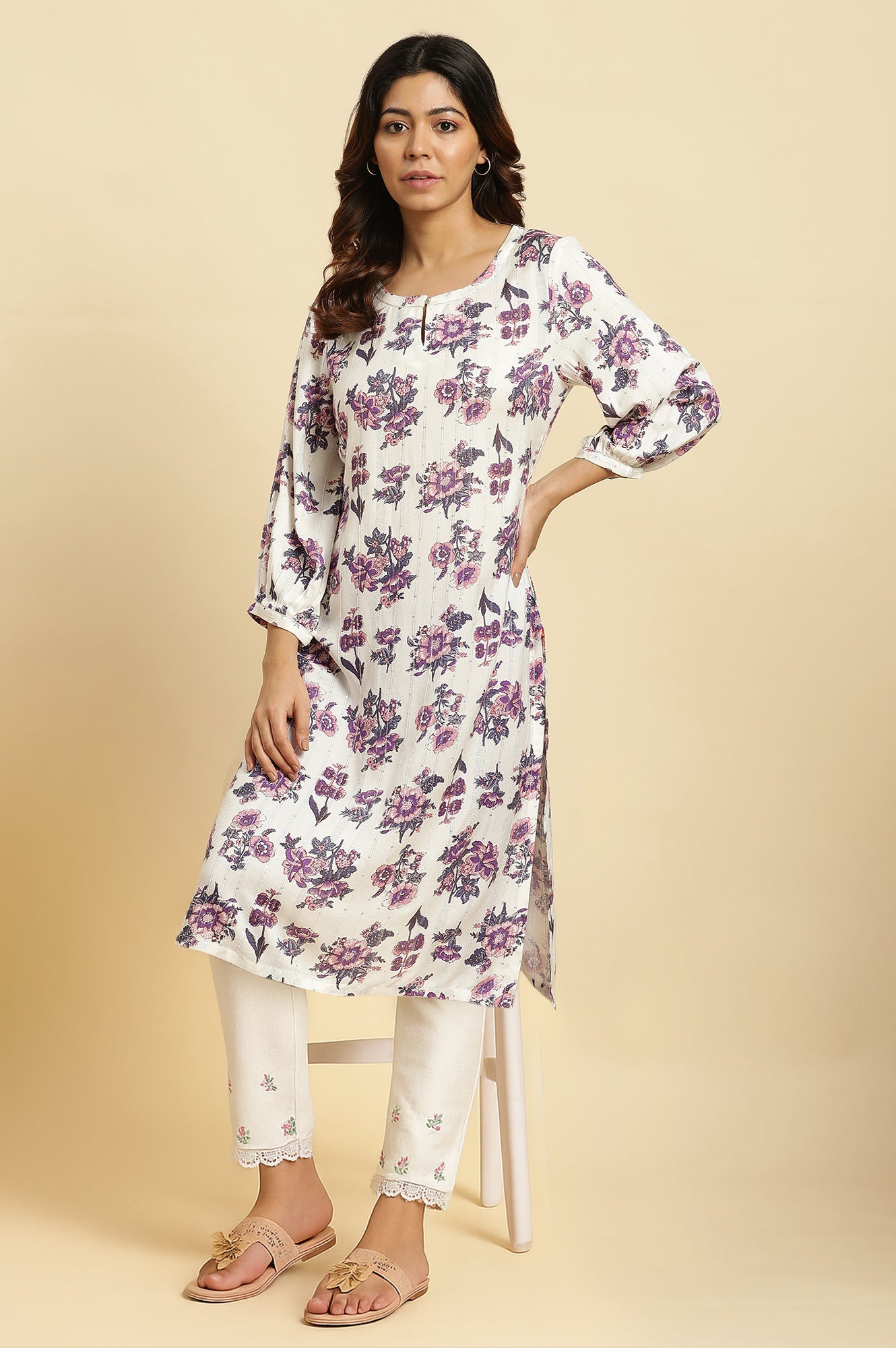White Floral Printed Gota Rayon A-Line Kurta and Slim Pant Set