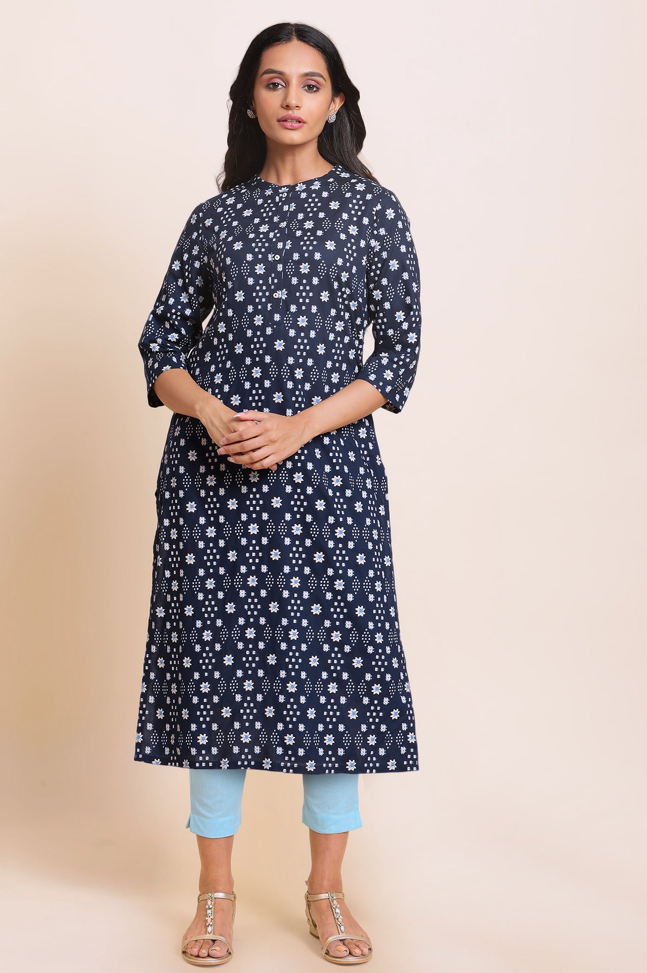 Dark Blue Geometric Printed Rayon Straight Kurta and Slim Pant Set