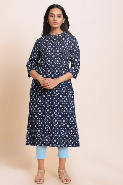 Dark Blue Geometric Printed Rayon Straight Kurta and Slim Pant Set