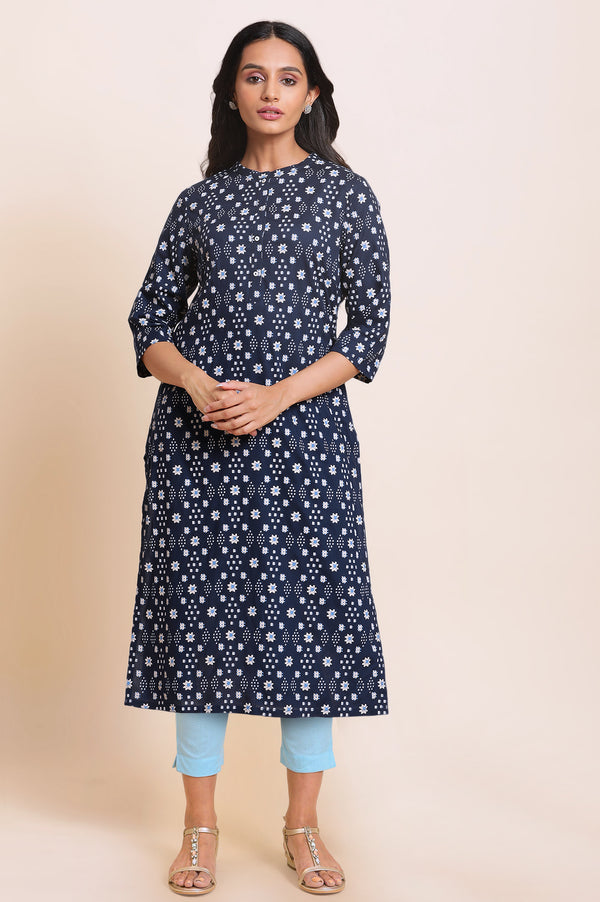 Dark Blue Geometric Printed Rayon Straight Kurta and Slim Pant Set