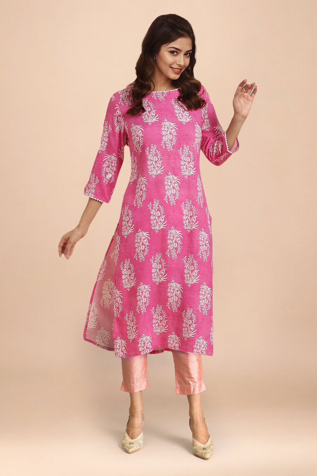 Pink Floral Printed Rayon Straight Kurta and Slim Pant Set