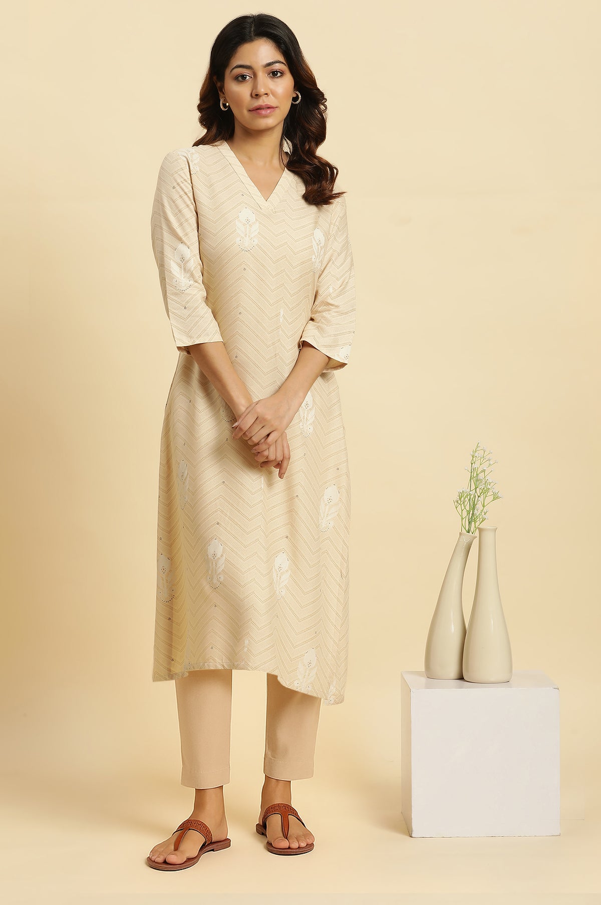 Beige Floral Printed Rayon A-Line Kurta and Slim Pant Set - XS