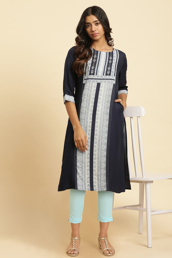 Blue Geometric Printed Rayon Straight Kurta and Slim Pant Set