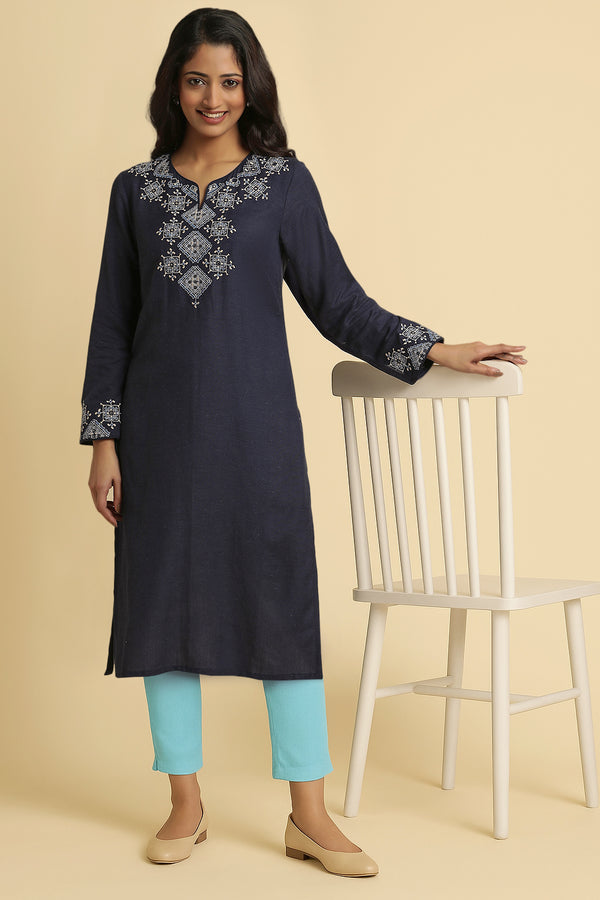 Blue Solid Thread Work Rayon Flax Straight Kurta and Slim Pant Set