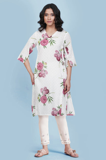 White Floral Printed Thread Work Pure Cotton A-Line Kurta and Slim Pant Set