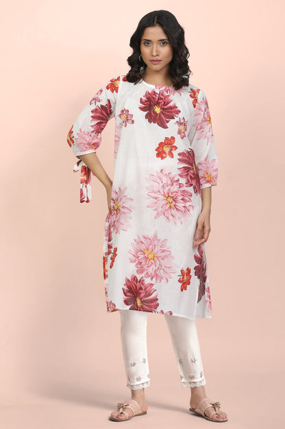 White Floral Printed Thread Work Pure Cotton A-Line Kurta and Slim Pant Set