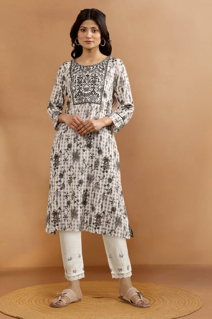 White Floral Printed Thread Work Rayon Flax  Straight Kurta and Slim Pant Set