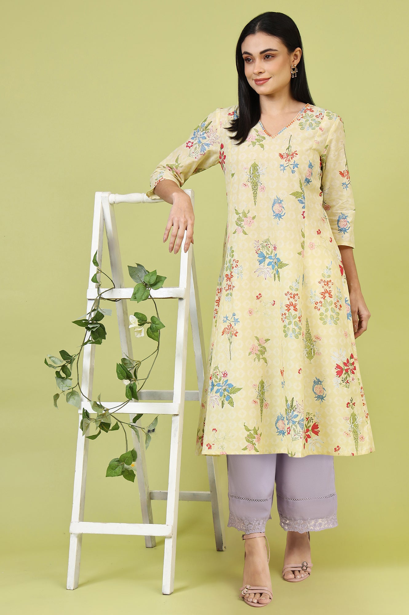 Yellow Floral Printed Thread Embroidered Pure Cotton A-Line Kurta and Parallel Pant Set