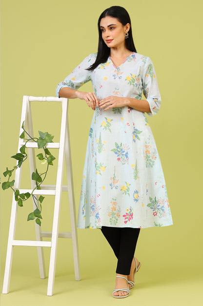 Blue Floral Printed Thread Embroidered Pure Cotton A-Line Kurta and Jegging Set