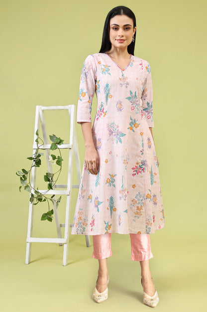 Pink Floral Printed Thread Embroidered Pure Cotton A-Line Kurta and Slim Pant Set