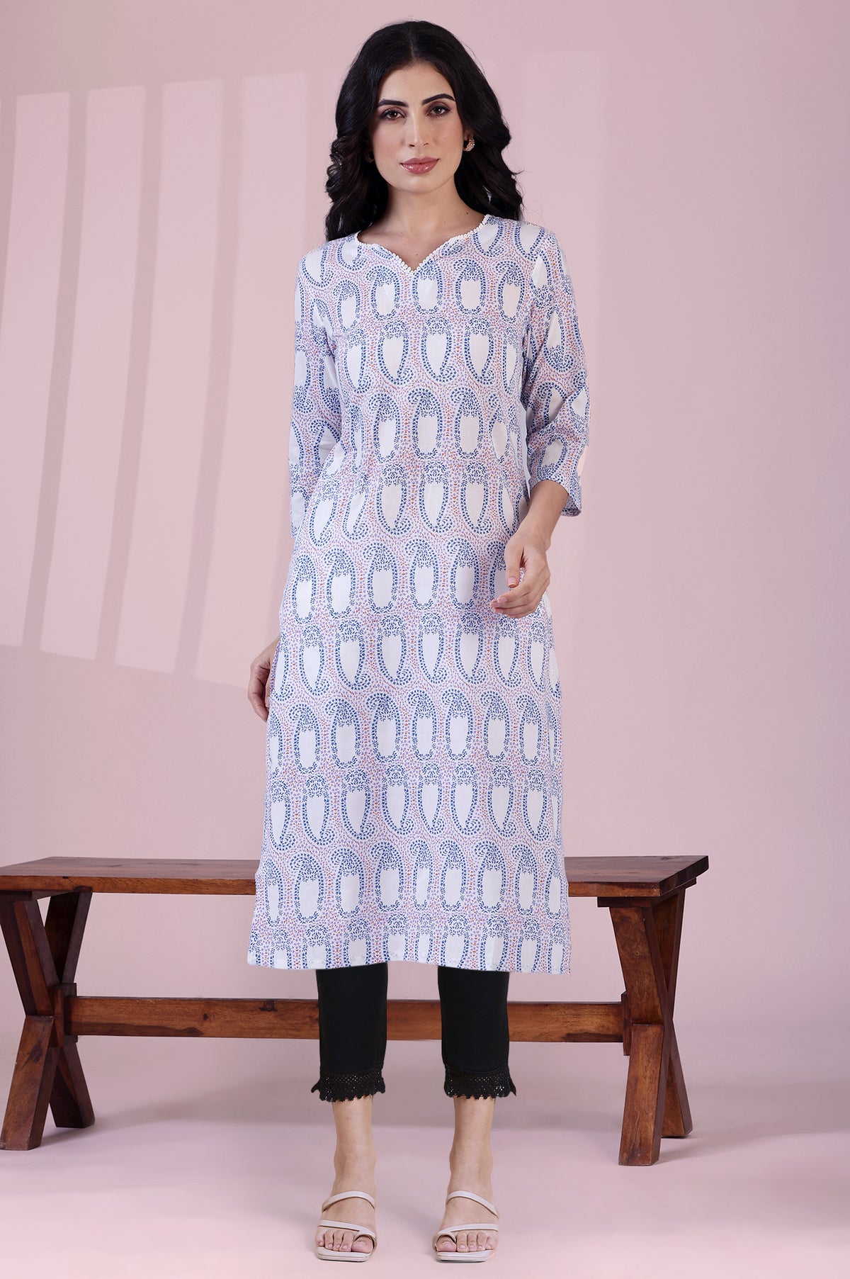 White Printed Pure Cotton Straight Kurta and Slim Pant Set - XS