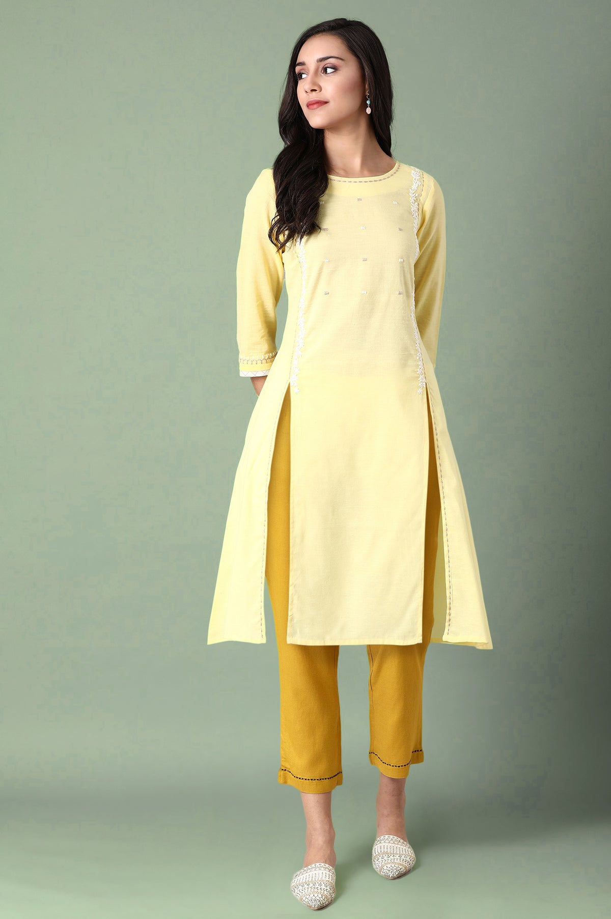 Light Yellow Solid Thread Embroidered Pure Cotton A-Line Kurta and Straight Pant Set - XS