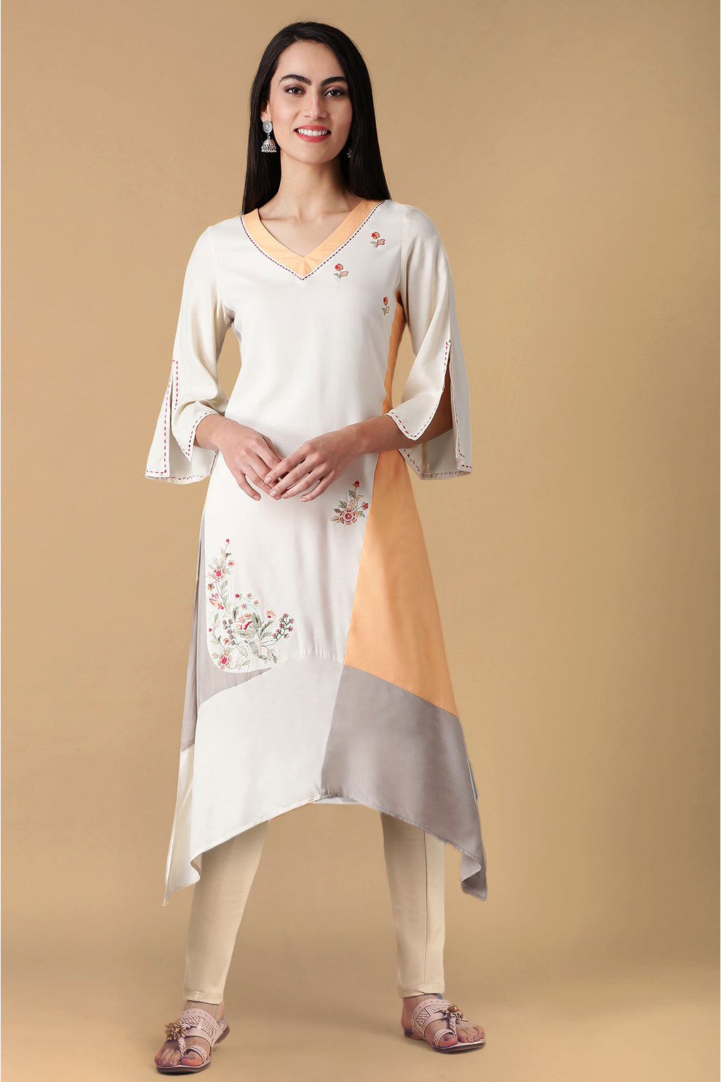 Beige Solid Thread Embroidered Rayon Asymmetric Kurta and Slim Pant Set - S