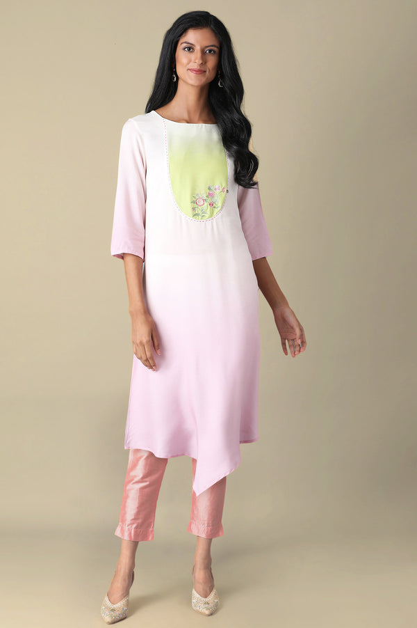 Light Pink Solid Thread Embroidered Rayon Asymmetric Kurta and Slim Pant Set