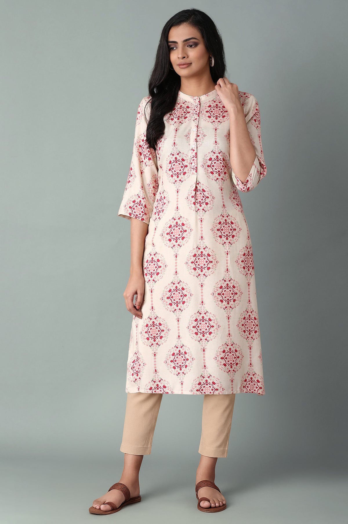 Beige Geometric Printed Rayon Straight Kurta and Slim Pant Set - XS